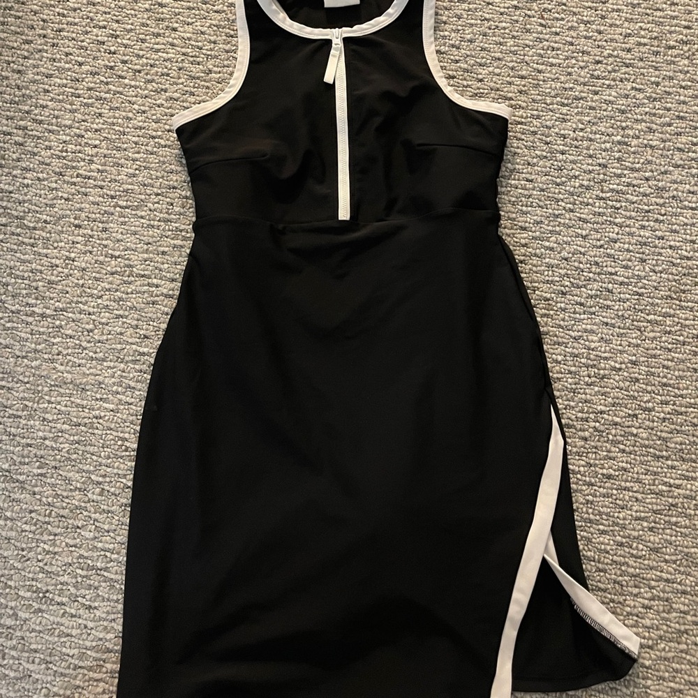 Black Sleeveless Zip-Front athletic Dress with White Trim